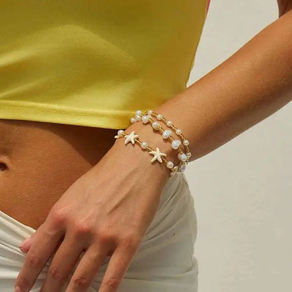 Ingemark 3Pcs/Set Boho Imitation Pearl Starfish Beads Bracelets Women Romantic Elegant Charm Bangle Daily Party Banquet Jewelry
