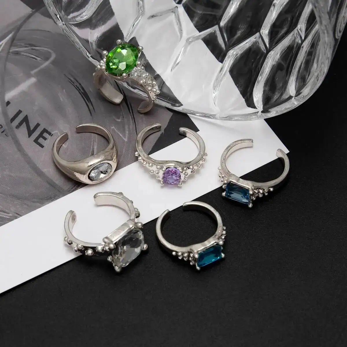 Ingemark 6 Pcs/Set Personality Acrylic Rhinestone Adjustable Open Rings for Women Vintage Stackable Finger Rings Hip Hop Jewelry
