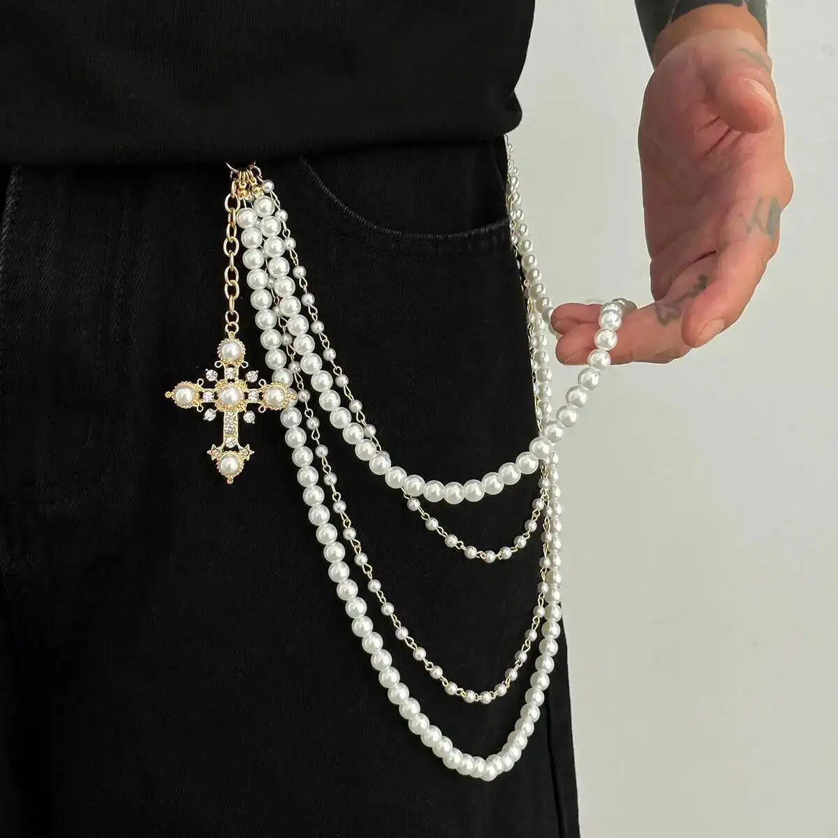 Men's Hip Hop Trend Exquisite Multilayer Imitation Pearl Keychain Cross Pendant Wallet Belt Chain Jewelry Accessory