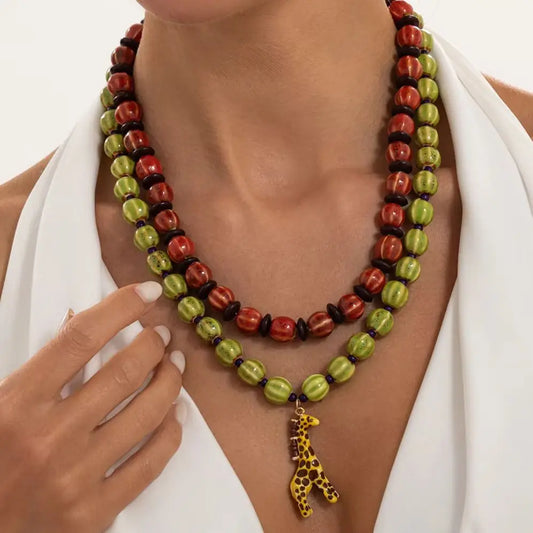 Ingemark 2Pcs/Set Trendy Red Greend Ceramics Beaded Chokers Necklace Women Vintage Stacked Giraffe Pendant Necklace Boho Jewelry