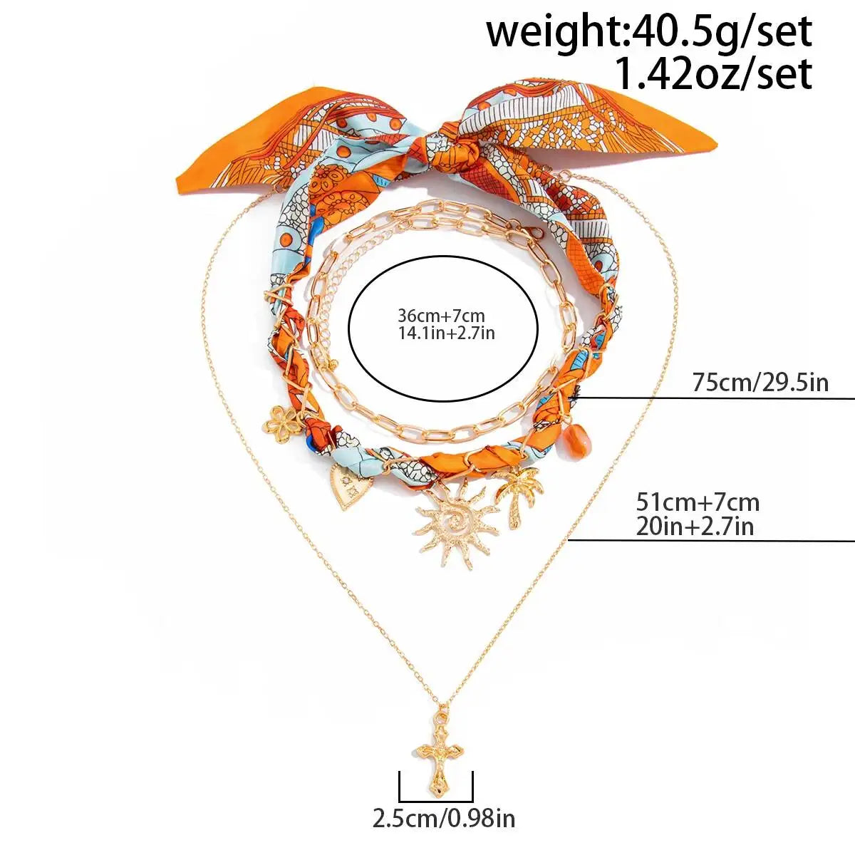 Ingemark 3Pcs/Set Boho Scarf Ribbon Choker Necklace Women Vintage Cross Sun Flower Starfish Conch Coconut Tree Pendant Necklace