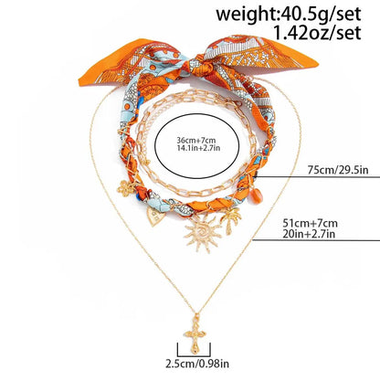 Ingemark 3Pcs/Set Boho Scarf Ribbon Choker Necklace Women Vintage Cross Sun Flower Starfish Conch Coconut Tree Pendant Necklace