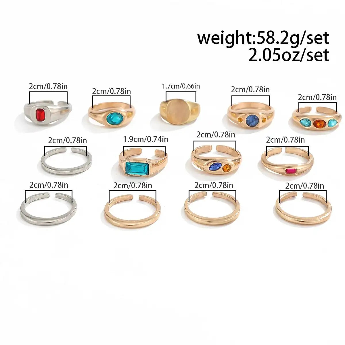Ingemark 13 Pcs/Set Punk Inlay Colorful Rhinestones Ring for Men Trendy Metal Open Adjustable Rings Stacktable Finger Jewelry