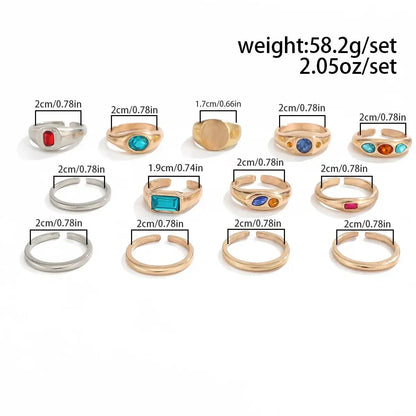 Ingemark 13 Pcs/Set Punk Inlay Colorful Rhinestones Ring for Men Trendy Metal Open Adjustable Rings Stacktable Finger Jewelry