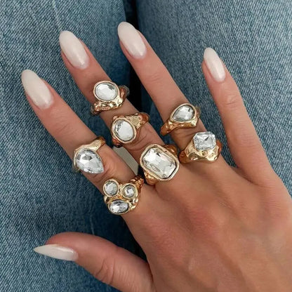 Ingemark 7 Pcs Personalized Sparkling Rhinestone Adjustable Open Rings Set for Women Punk Waterdrop Square Stackable Finger Ring