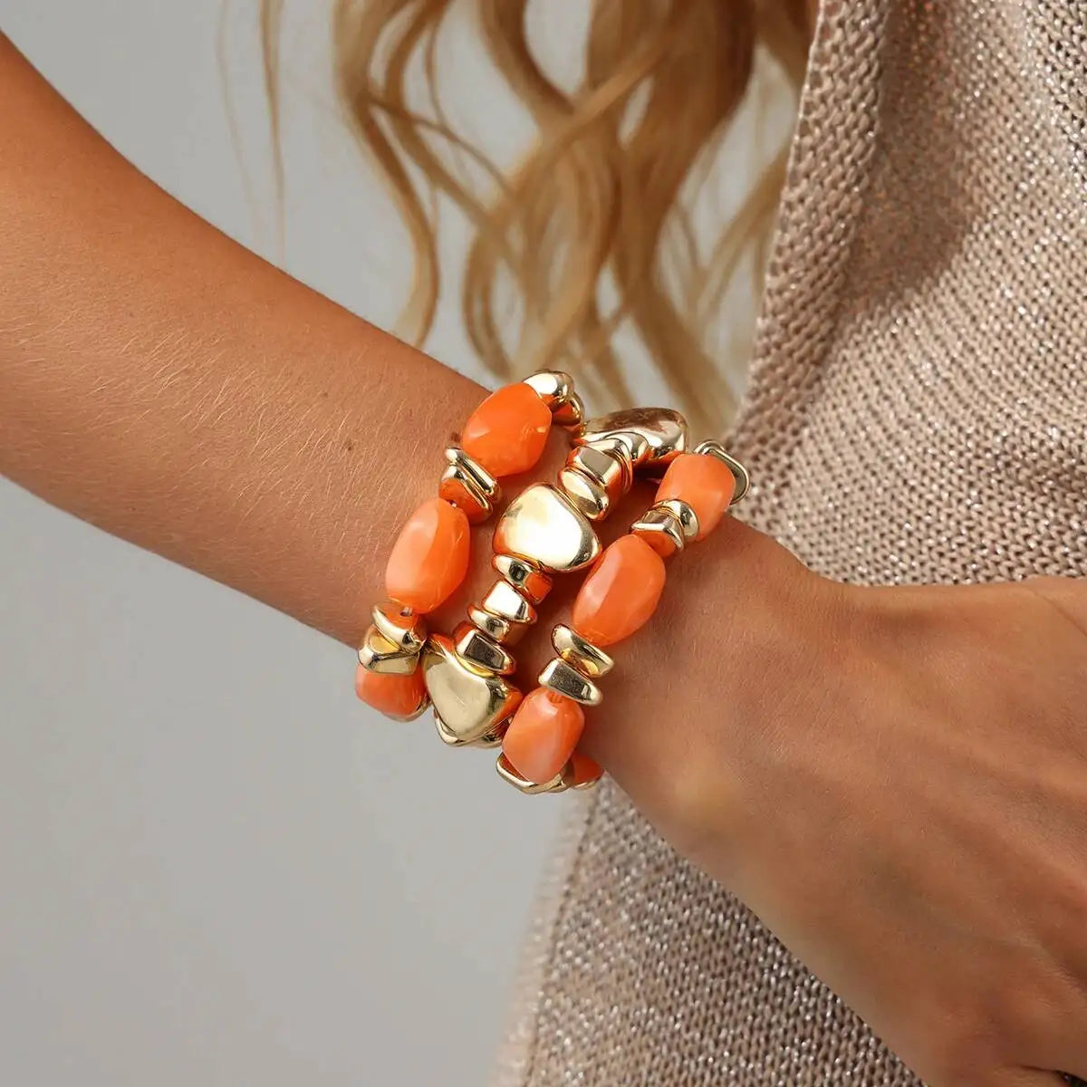 Ingemark 3Pcs/Set Baroque Acrylic Resin Beaded Bracelet for Women Vintage Boho Stacked Elastic Bangles Charm Jewelry Accessories