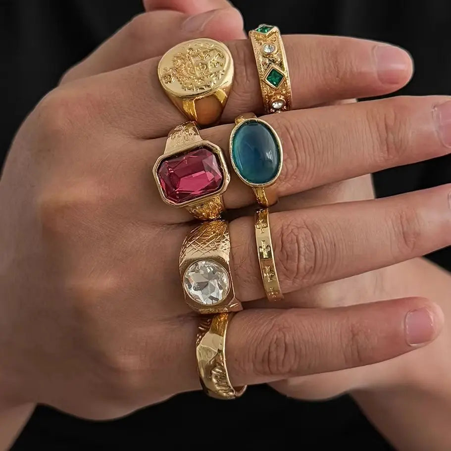 Ingemark 7Pcs/Set Luxury Inlay Acrylic Rhinestone Open Rings for Men Punk Gold Color Metal Adjustable Ring Jewelry Accessories