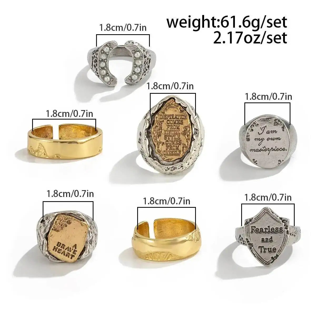 Ingemark 7 Pcs Punk Irregular Letter Chunky Open Rings Set for Men Hip Hop Metal Adjustable Knuckle Rings Grunge Jewelry New