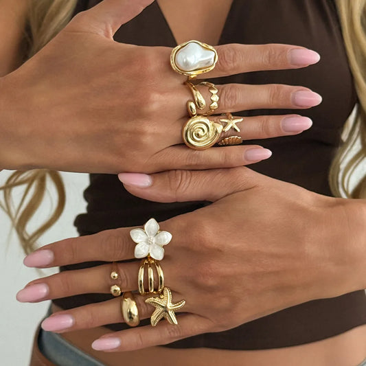 Ingemark 10 Pcs/Set Trendy Conch Starfish Flower Open Rings for Women Bohemian Imitation Pearls Ring Summer Beach Jewelry Gifts
