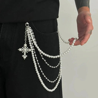Men's Hip Hop Trend Exquisite Multilayer Imitation Pearl Keychain Cross Pendant Wallet Belt Chain Jewelry Accessory