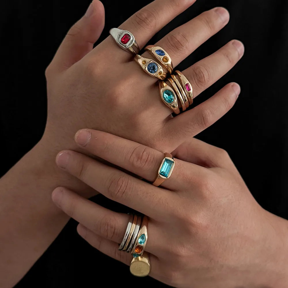 Ingemark 13 Pcs/Set Punk Inlay Colorful Rhinestones Ring for Men Trendy Metal Open Adjustable Rings Stacktable Finger Jewelry