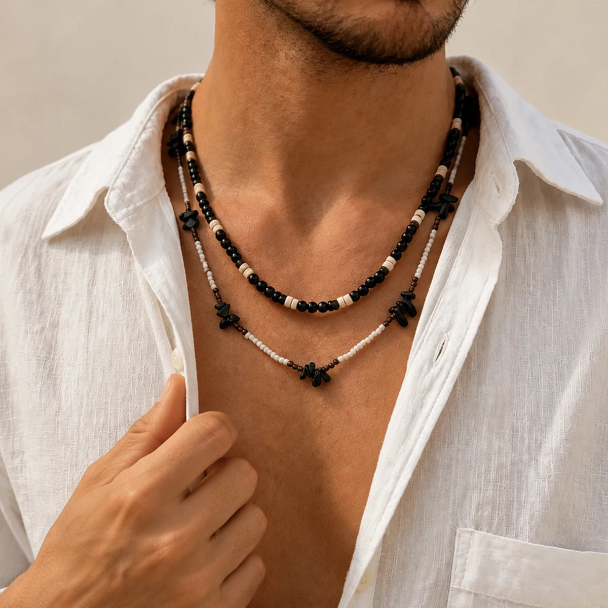 Ingemark 2Pcs/Set Trendy Black White Acrylic Seed Beads Choker Necklace for Men Punk Vintage Stackable Collar Chain Neck Jewelry