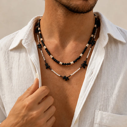 Ingemark 2Pcs/Set Trendy Black White Acrylic Seed Beads Choker Necklace for Men Punk Vintage Stackable Collar Chain Neck Jewelry