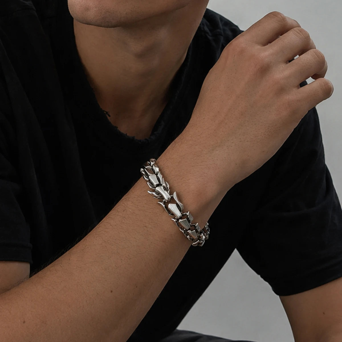 Ingemark Punk Style Keel Dragon Chunky Bracelet for Men Personality Gothic Silver Color Metal Open Bangles Jewelry Accessories