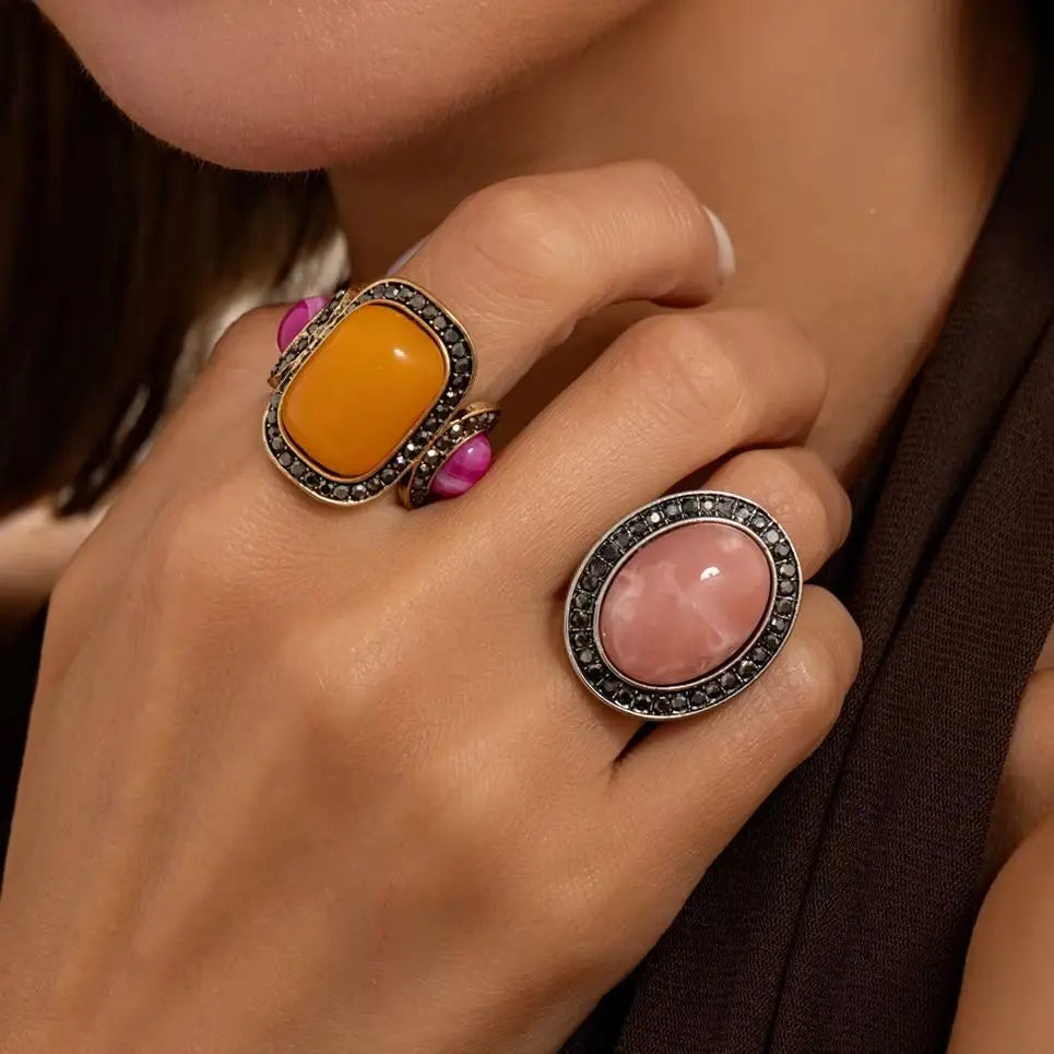Ingemark 2 Pcs/Set Vintage Inlay Geometric Resin Oval Stone Rings Women Trend Elegant Rhinestone Adjustable Finger Ring Jewelry