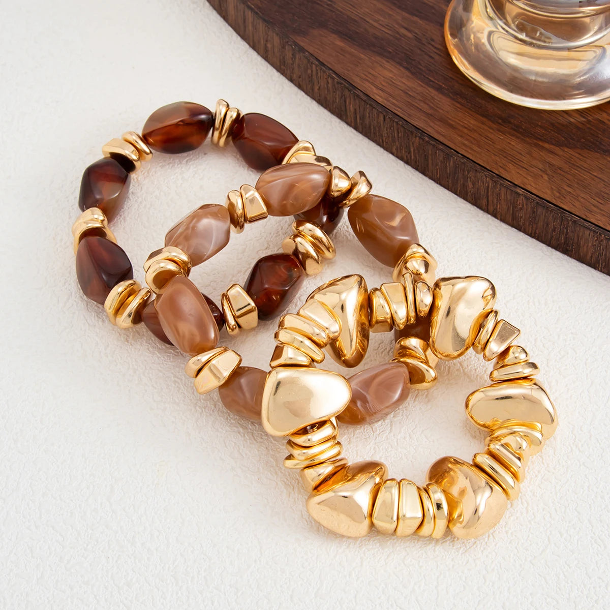 Ingemark 3Pcs/Set Baroque Acrylic Resin Beaded Bracelet for Women Vintage Boho Stacked Elastic Bangles Charm Jewelry Accessories