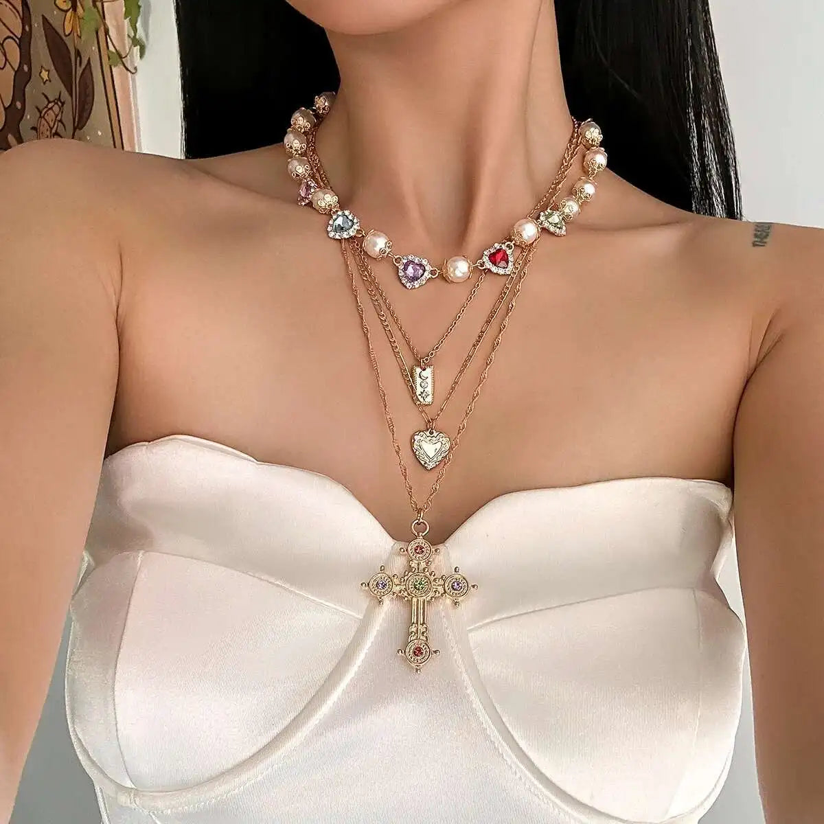 Ingemark Multilayer Rhinestone Love Heart Imitation Pearl Chain Necklace Women Creative Jesus Cross Pendant Choker Y2K Jewelry