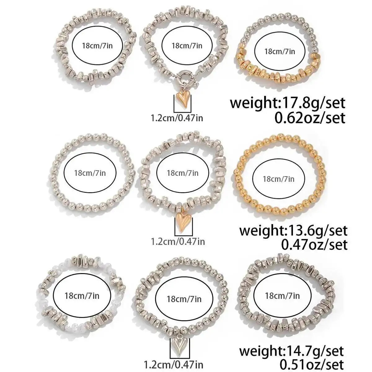 3pcs/set Fashion Irregular CCB Beads Chain Heart Pendant Bracelet Women Vintage Imitation Pearl Bangle Jewelry Gift