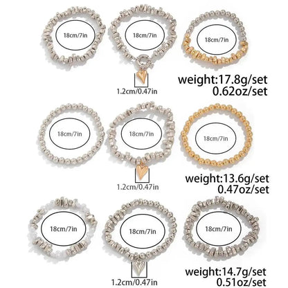 3pcs/set Fashion Irregular CCB Beads Chain Heart Pendant Bracelet Women Vintage Imitation Pearl Bangle Jewelry Gift