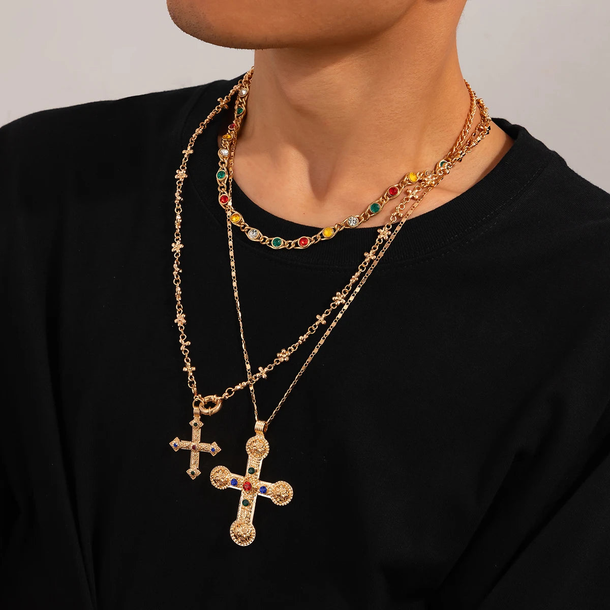Ingemark 3Pcs Luxury Inlaid Rhinestone Imitating Pearl Chain Necklace Vintage Jesus Cross Pendant Choker Christian Jewelry Men