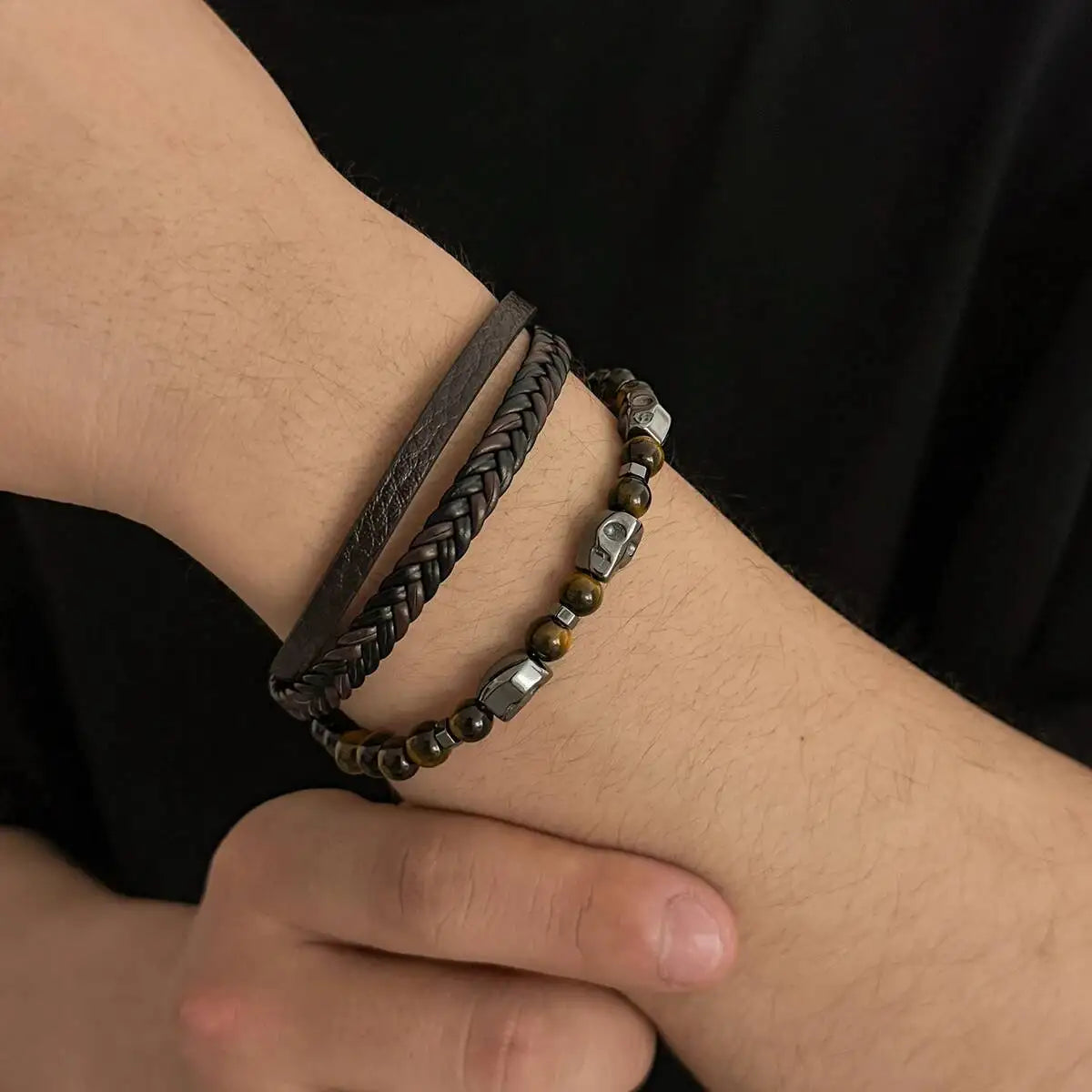 Ingemark Vintage Multi Layer Woven Wide Leather Bracelet for Men Trend Goth Stainless Steel Cross Charm Bangle Male Hand Jewelry