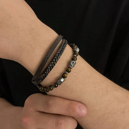 Ingemark Vintage Multi Layer Woven Wide Leather Bracelet for Men Trend Goth Stainless Steel Cross Charm Bangle Male Hand Jewelry