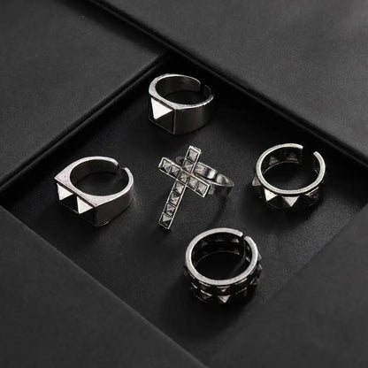 Ingemark 5 Pcs Gothic Punk Cross Chunky Open Rings Set for Men Hip-Hop Rivets Stackable Adjustable Knuckle Rings Finger Jewelry