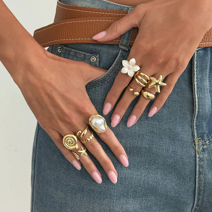 Ingemark 10 Pcs/Set Trendy Conch Starfish Flower Open Rings for Women Bohemian Imitation Pearls Ring Summer Beach Jewelry Gifts
