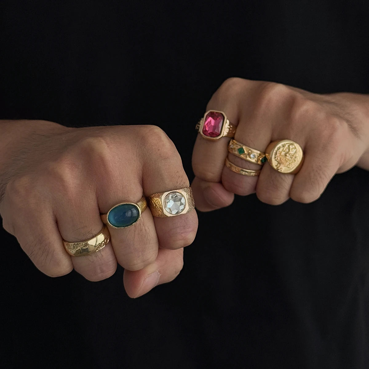 Ingemark 7Pcs/Set Luxury Inlay Acrylic Rhinestone Open Rings for Men Punk Gold Color Metal Adjustable Ring Jewelry Accessories