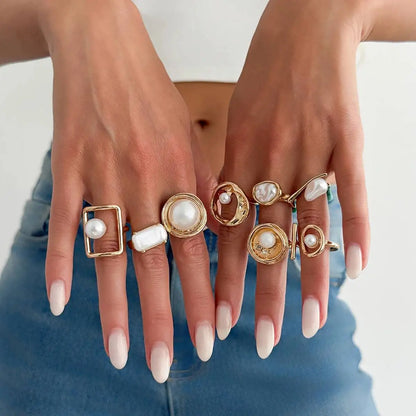 Ingemark 8Pcs/Set Bohemian Imitation Pearl Open Rings for Women New Trendy Irregular Adjustable Finger Ring Baroque Jewelry Gift