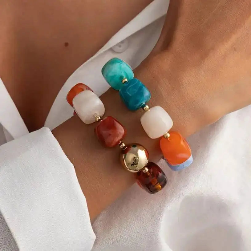 Ingemark 2Pcs/Set Retro Resin Beaded Bracelet for Women Bohemian Stackable Acrylic Elastic Bangle 2026 New Jewelry Accessories