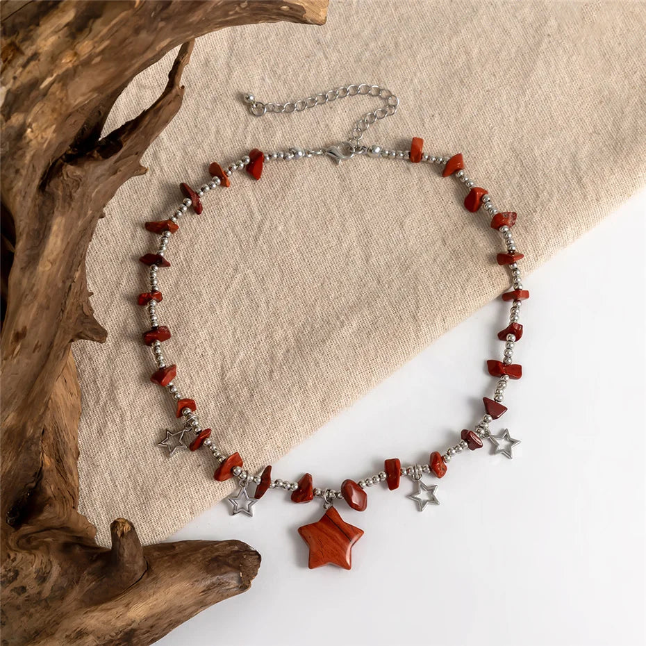 Boho Colorful Irregular Stone Hollow Star Pendant Choker Necklace Women Summer Goth Beads Chain Y2K Jewelry Accessories