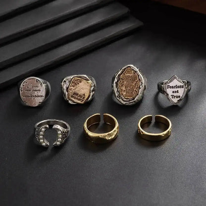 Ingemark 7 Pcs Punk Irregular Letter Chunky Open Rings Set for Men Hip Hop Metal Adjustable Knuckle Rings Grunge Jewelry New