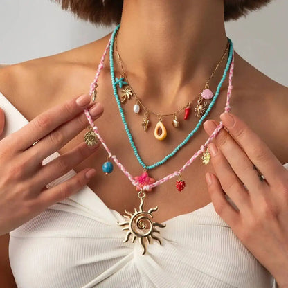 Ingemark 3 Pcs/Set Cute Starfish Conch Crayfish Sun Pendant Necklace for Women Summer Beach Beads Chain Choker Y2K Jewelry Gifts
