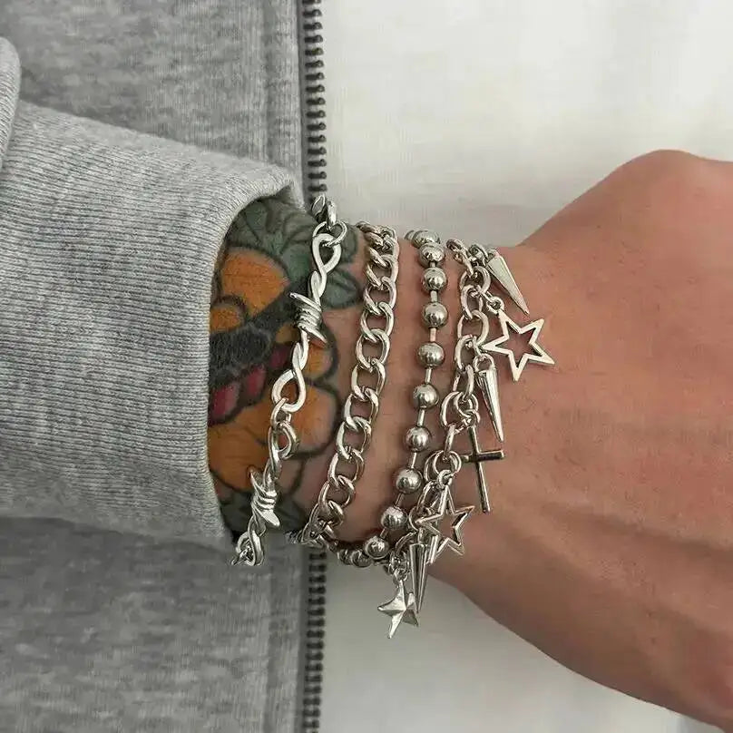 Trendy Multi Layer Stackable Cuban Chain Bracelet Men Hip Hop Pentagram Jesus Cross Rivet Pendant Bracelet Punk Jewelry