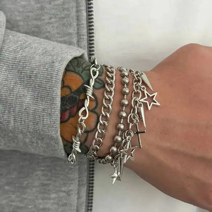 Trendy Multi Layer Stackable Cuban Chain Bracelet Men Hip Hop Pentagram Jesus Cross Rivet Pendant Bracelet Punk Jewelry