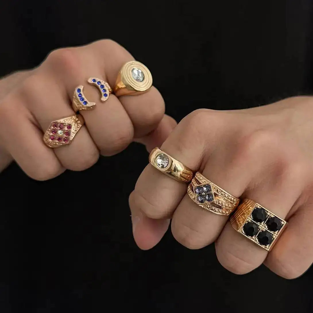 Ingemark 6 Pcs Hip Hop Colorful Rhinestones Adjustable Open Rings Set for Men Punk Retro Irregular Stackable Chunky Finger Ring
