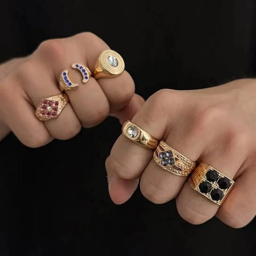 Ingemark 6 Pcs Hip Hop Colorful Rhinestones Adjustable Open Rings Set for Men Punk Retro Irregular Stackable Chunky Finger Ring