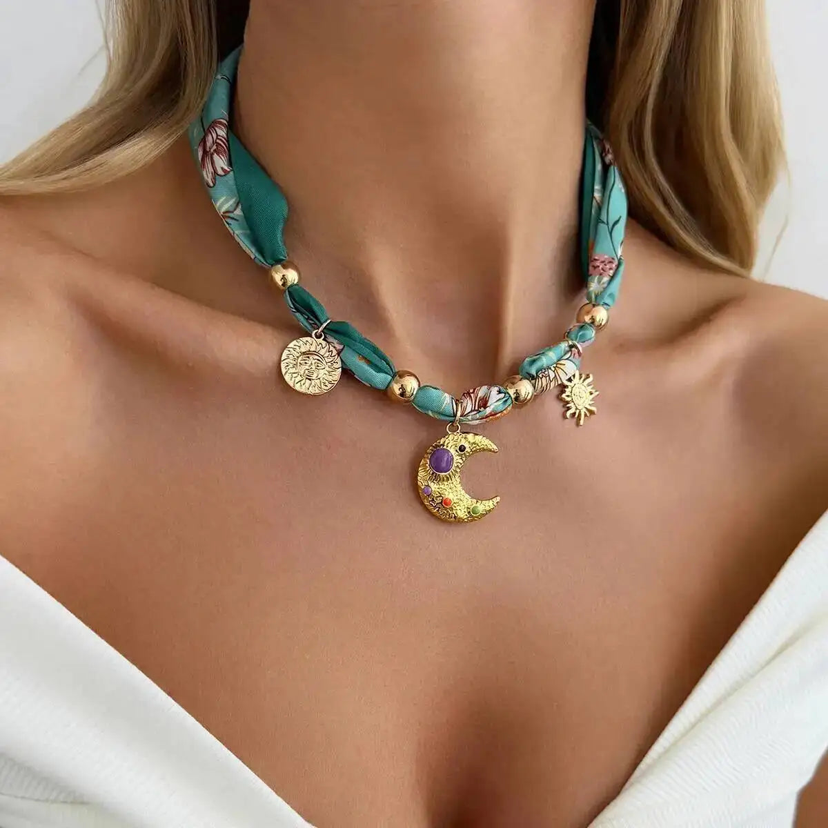 Ingemark New Elegant Blue/Green Scarf Ribbon Chokers Necklace Women Vintage Sun Moon Heart Cross Pendant Necklace Boho Jewelry