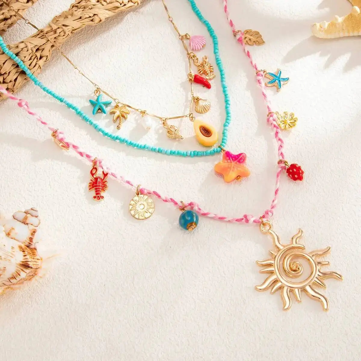 Ingemark 3 Pcs/Set Cute Starfish Conch Crayfish Sun Pendant Necklace for Women Summer Beach Beads Chain Choker Y2K Jewelry Gifts