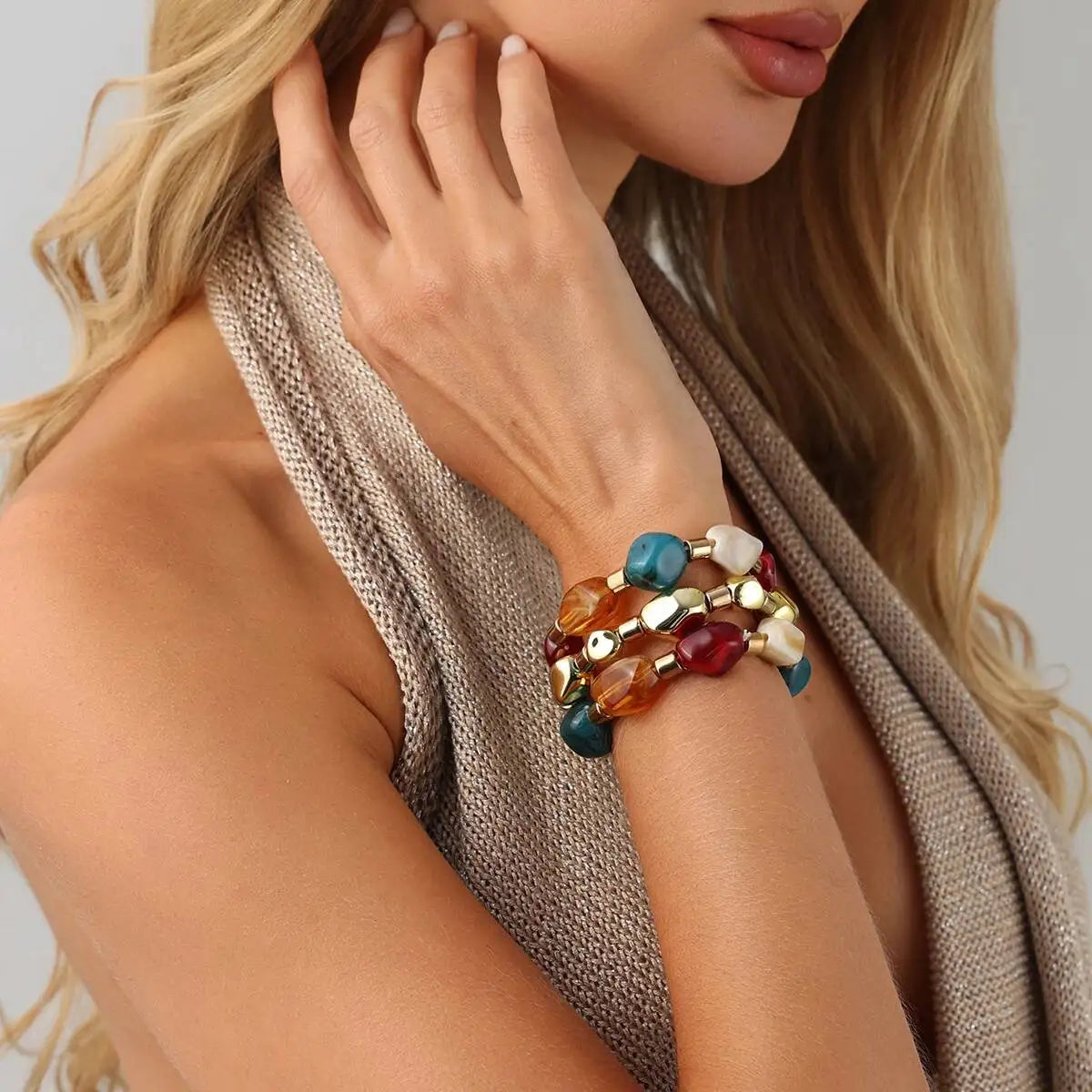 Ingemark 3Pcs/Set Y2K Boho Acrylic Resin Beaded Bracelet for Women Vintage Splicing Stacked Elastic Bangle Baroque Charm Jewelry