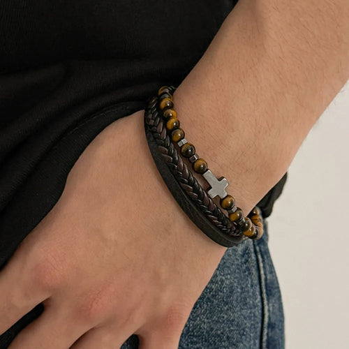 Ingemark Vintage Multi Layer Woven Wide Leather Bracelet for Men Trend Goth Stainless Steel Cross Charm Bangle Male Hand Jewelry