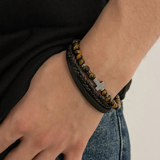 Ingemark Vintage Multi Layer Woven Wide Leather Bracelet for Men Trend Goth Stainless Steel Cross Charm Bangle Male Hand Jewelry