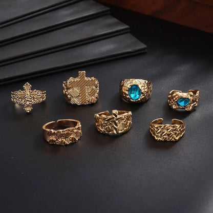 Ingemark 7 Pcs/Set Unique Gold Color Texture Metal Open Rings for Men Punk Inlay Blue Acrylic Rhinestone Rings Male Jewelry Gift
