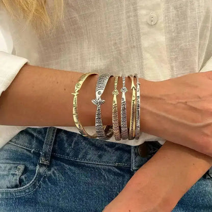 6 Pcs/Set Vintage Fish Pattern Metal Bangle Stack Women's Ethnic Style Bracelet Party Accessory Couple Matching Jewelry
