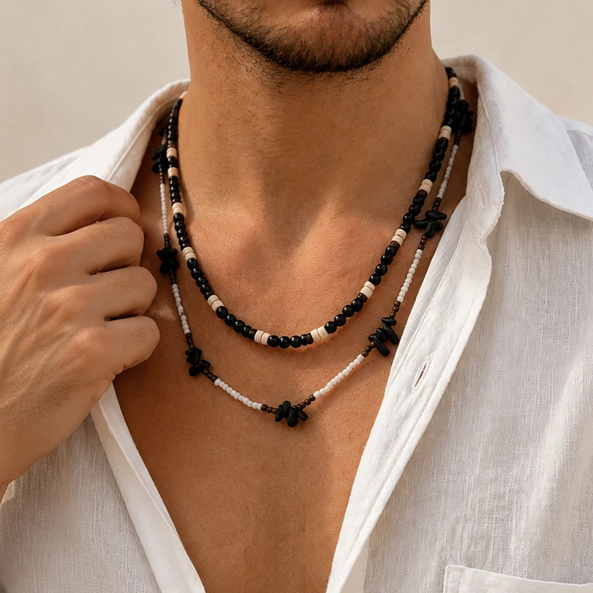 Ingemark 2Pcs/Set Trendy Black White Acrylic Seed Beads Choker Necklace for Men Punk Vintage Stackable Collar Chain Neck Jewelry