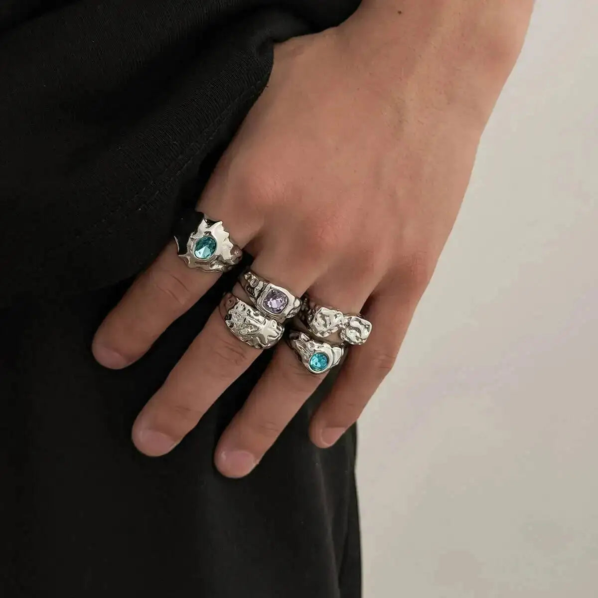 Ingemark 5 Pcs/Set Punk Colorful Acrylic Rhinestone Adjustable Open Ring for Men Hip Hop Retro Geometry Chunky Ring Male Jewelry