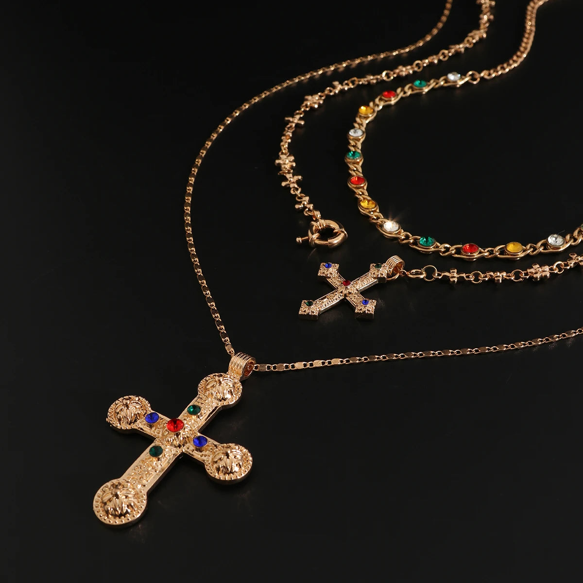 Ingemark 3Pcs Luxury Inlaid Rhinestone Imitating Pearl Chain Necklace Vintage Jesus Cross Pendant Choker Christian Jewelry Men