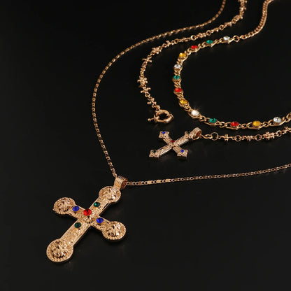 Ingemark 3Pcs Luxury Inlaid Rhinestone Imitating Pearl Chain Necklace Vintage Jesus Cross Pendant Choker Christian Jewelry Men