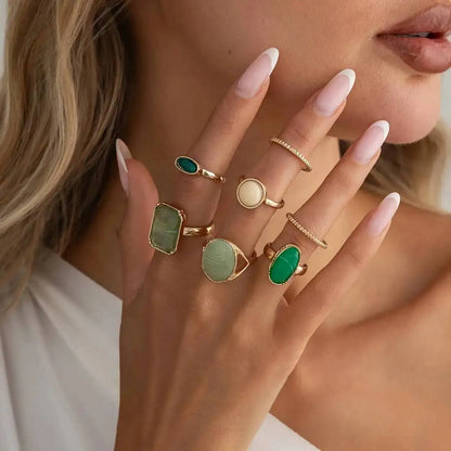 Ingemark 7Pcs Elegant Inlaid Colorful Acrylic Resin Rings Set for Women Retro Geometric Irregular Stackable Rings Boho Jewelry